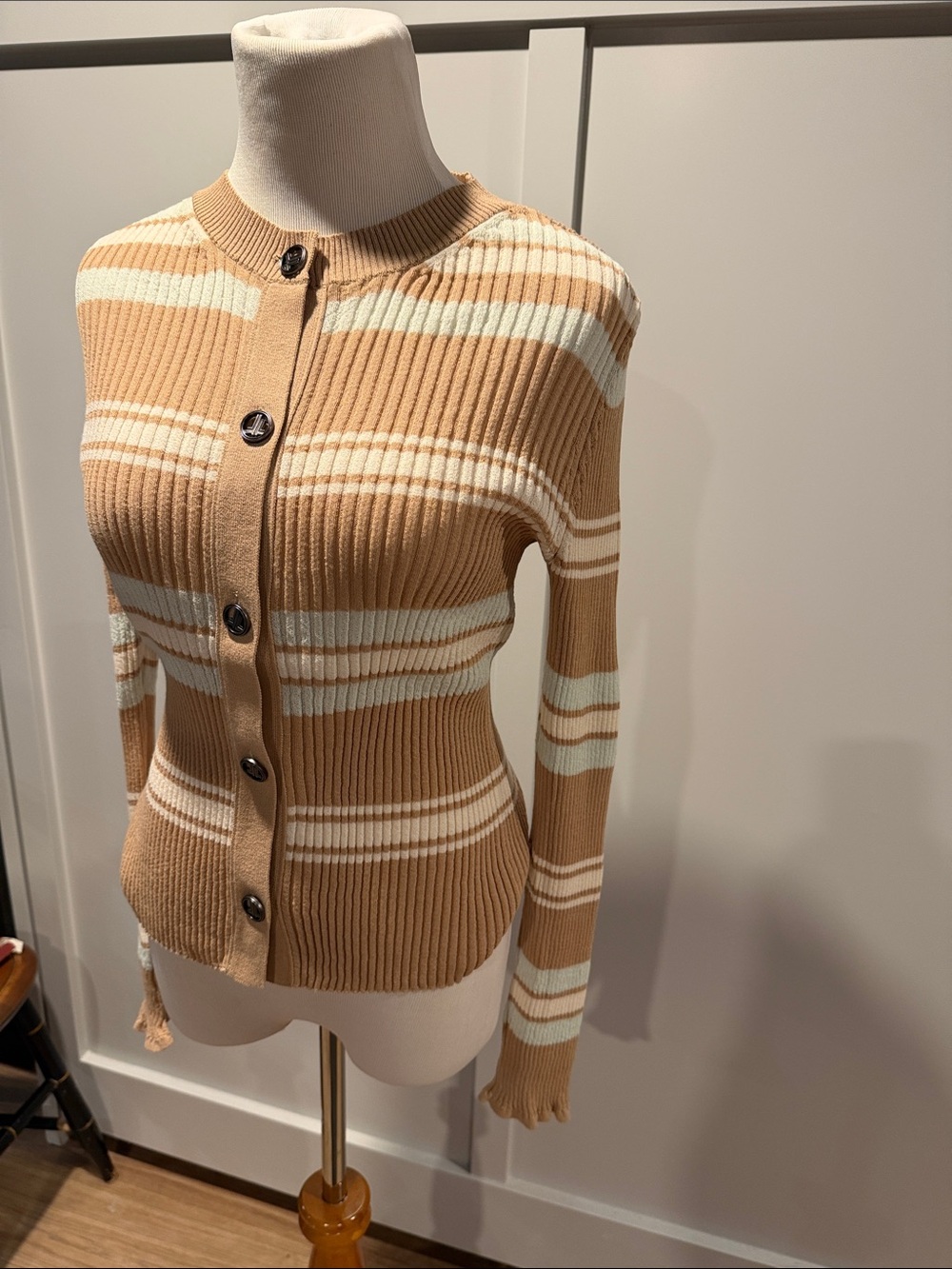 Lanvin Camel and Cream  and light mint green Striped Knit Cardigan
